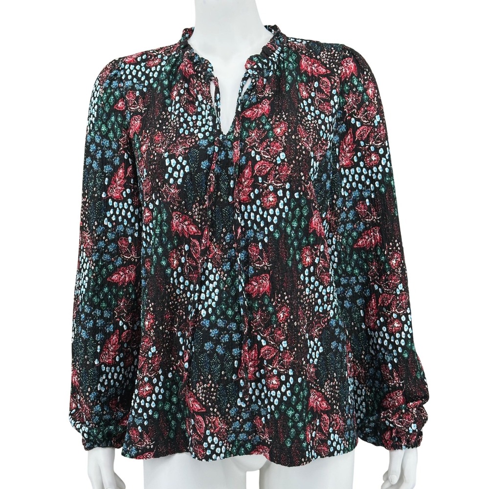 Ann Taylor LOFT Top Womens Medium Black Dark Floral Boho Ruffle V-Neck Textured